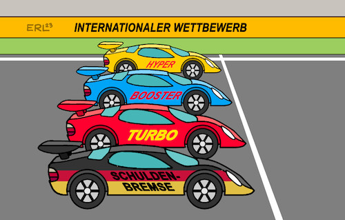 Cartoon: Schuldenbremse (medium) by Erl tagged politik,deutschland,schulden,schuldenquote,gering,diskussion,verschuldung,investitionen,aussetzung,schuldenbremse,hemmschuh,wettbewerb,international,klimaneutralität,wohlstand,auto,mobilität,karikatur,erl,politik,deutschland,schulden,schuldenquote,gering,diskussion,verschuldung,investitionen,aussetzung,schuldenbremse,hemmschuh,wettbewerb,international,klimaneutralität,wohlstand,auto,mobilität,karikatur,erl