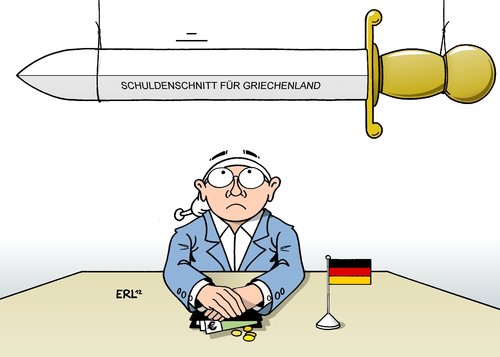 Cartoon: Schuldenschnitt (medium) by Erl tagged griechenland,schulden,euro,krise,troika,eu,ezb,iwf,schuldenschnitt,gläubiger,steuergeld,steuerzahler,damoklesschwert,griechenland,schulden,euro,krise,troika,eu,ezb,iwf,schuldenschnitt,gläubiger,steuergeld,steuerzahler,damoklesschwert