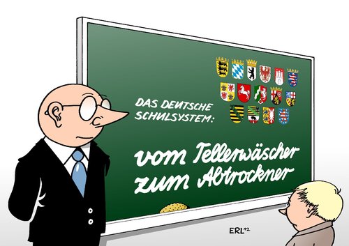 Cartoon: Schulsystem (medium) by Erl tagged schulsystem,schule,bildung,deutschland,ungerecht,chancen,ungleichheit,herkunft,sozial,schicht,bewertung,lehrer,tellerwäscher,millionär,abtrocknen,föderalismus,flickenteppich,länder,bund,kultusminister,schulsystem,schule,bildung,deutschland,ungerecht,chancen,ungleichheit,herkunft,millionär