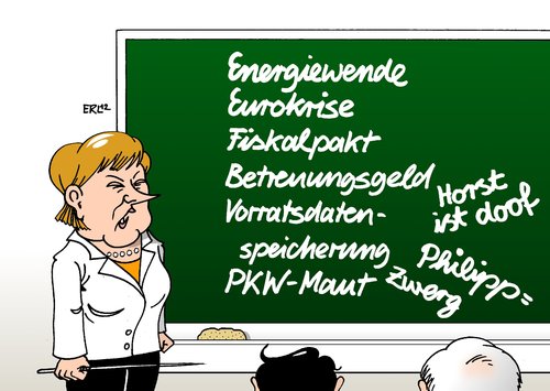 Cartoon: Schwarz-Gelb (medium) by Erl tagged seehofer,rösler,merkel,bundeskanzlerin,tafel,störenfried,schule,maut,pkw,vorratsdatenspeicherung,betreuungsgeld,fiskalpakt,krise,euro,energiewende,themen,koalitionsgipfel,koalitionstreffen,politik,streit,fdp,csu,cdu,gelb,schwarz,koalition,regierung,regierung,koalition,koalitionstreffen,koalitionsgipfel,themen,energiewende,krise,mmerkel,vorratsdatenspeicherung,betreuungsgeld