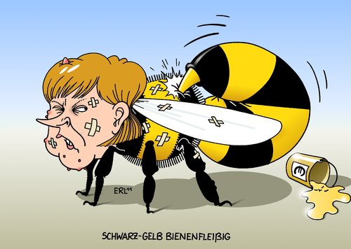 Cartoon: Schwarz-Gelb bienenfleißig (medium) by Erl tagged philipp,bundeskanzlerin,merkel,angela,honig,biene,pleite,griechenland,konzept,rettung,krise,schulden,euro,ineffizienz,meinung,streit,fdp,csu,cdu,deutschland,koalition,regierung,gelb,schwarz,rösler,wirtschaftsminister,stachel,schwarz,gelb,regierung,koalition,deutschland,cdu,csu,fdp,meinung,streit