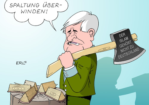 Cartoon: Seehofer (medium) by Erl tagged politik,innenminister,heimatminister,horst,seehofer,csu,rede,bundestag,gesellschaft,versöhnung,interview,islam,gehört,nicht,zu,deutschland,ausgrenzung,spaltung,rechtspopulismus,nationalismus,wähler,afd,heimat,axt,holz,holzhacken,karikatur,erl,politik,innenminister,heimatminister,horst,seehofer,csu,rede,bundestag,gesellschaft,versöhnung,interview,islam,gehört,nicht,zu,deutschland,ausgrenzung,spaltung,rechtspopulismus,nationalismus,wähler,afd,heimat,axt,holz,holzhacken,karikatur,erl