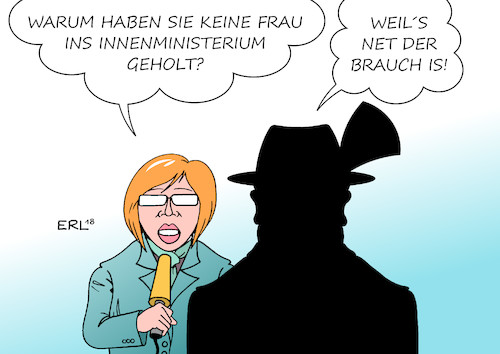 Cartoon: Seehofer (medium) by Erl tagged politik,horst,seehofer,csu,bundesinnenminister,innenminister,besetzung,posten,staatssekretäre,männer,mann,frau,gleichstellung,gleichberechtigung,rollen,rollenverständnis,alt,konservativ,brauch,brauchtum,tracht,trachtenhut,gamsbart,bayern,karikatur,erl,politik,horst,seehofer,csu,bundesinnenminister,innenminister,besetzung,posten,staatssekretäre,männer,mann,frau,gleichstellung,gleichberechtigung,rollen,rollenverständnis,alt,konservativ,brauch,brauchtum,tracht,trachtenhut,gamsbart,bayern,karikatur,erl