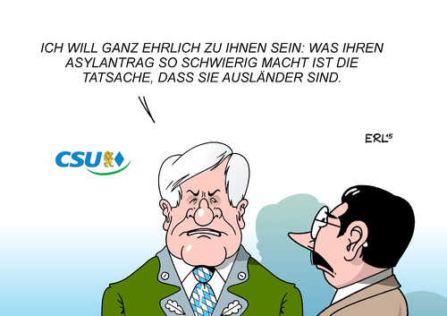 Cartoon: Seehofer Asyl (medium) by Erl tagged flüchtlinge,asyl,herkunft,herkunftsland,unterscheidung,asylverfahren,beschleunigung,ehrlichkeit,rechtspopulismus,ausländer,ministerpräsident,bayern,horst,seehofer,karikatur,erl,flüchtlinge,asyl,herkunft,herkunftsland,unterscheidung,asylverfahren,beschleunigung,ehrlichkeit,rechtspopulismus,ausländer,ministerpräsident,bayern,horst,seehofer