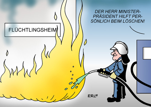 Cartoon: Seehofer Flüchtlinge (medium) by Erl tagged flüchtlinge,asyl,eu,verteilung,stammtisch,boot,voll,flüchtlingsheim,brandanschlag,löschen,benzin,ministerpräsident,horst,seehofer,feuerwehr,feuerwehrmann,öl,feuer,karikatur,erl,flüchtlinge,asyl,eu,verteilung,stammtisch,boot,voll,flüchtlingsheim,brandanschlag,löschen,benzin,ministerpräsident,horst,seehofer,feuerwehr,feuerwehrmann,öl,feuer