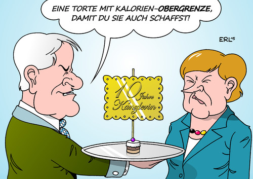 Cartoon: Seehofer gratuliert Merkel (medium) by Erl tagged bundeskanzlerin,angela,merkel,10,zehn,jahre,kanzlerin,cdu,schwesterpartei,csu,horst,seehofer,ministerpräsident,bayern,gratulation,torte,klein,kalorien,schaffen,flüchtlinge,kritik,willkommenskultur,forderung,obergrenze,parteitag,brüskierung,karikatur,erl,bundeskanzlerin,angela,merkel,10,zehn,jahre,kanzlerin,cdu,schwesterpartei,csu,horst,seehofer,ministerpräsident,bayern,gratulation,torte,klein,kalorien,schaffen,flüchtlinge,kritik,willkommenskultur,forderung,obergrenze,parteitag,brüskierung,karikatur,erl