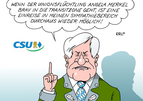 Cartoon: Seehofer Merkel (medium) by Erl tagged flüchtlinge,europa,eu,deutschland,willkommen,bundeskanzlerin,angela,merkel,kritik,union,cdu,csu,ministerpräsident,bayern,horst,seehofer,abschreckung,abschottung,transitzonen,einreise,sympathie,karikatur,erl,flüchtlinge,europa,eu,deutschland,willkommen,bundeskanzlerin,angela,merkel,kritik,union,cdu,csu,ministerpräsident,bayern,horst,seehofer,abschreckung,abschottung,transitzonen,einreise,sympathie,karikatur,erl