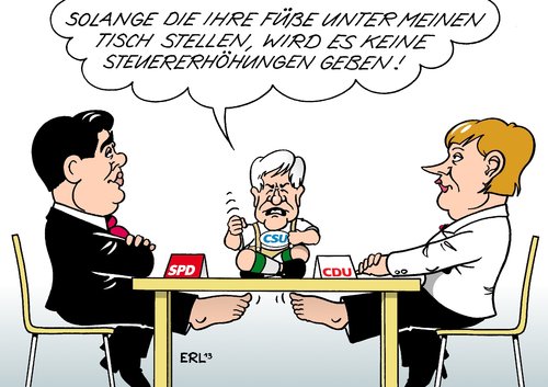 Cartoon: Seehofer zu Schwarz-Rot (medium) by Erl tagged wahl,2013,sieg,cdu,csu,regierungsbildung,koalition,partner,suche,spd,vorsitz,sigmar,gabriel,gespräch,bundeskanzlerin,angela,merkel,annäherung,steuererhöhung,bayern,ministerpräsident,horst,seehofer,ausschluss,macht,tisch,bein,fuß,wahl,2013,sieg,cdu,csu,regierungsbildung,koalition,partner,suche,spd,vorsitz,sigmar,gabriel,gespräch,bundeskanzlerin,angela,merkel,annäherung,steuererhöhung,bayern,ministerpräsident,horst,seehofer,ausschluss,macht,tisch,bein,fuß