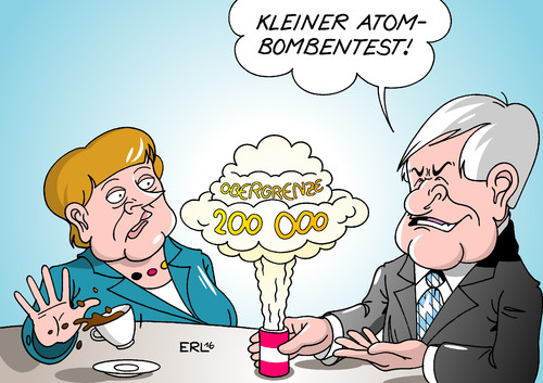 Cartoon: Seehofers Atombombentest (medium) by Erl tagged wasserstoffbombe,test,nordkorea,diktator,kim,jong,un,treffen,wildbad,kreuth,csu,gast,bundeskanzlerin,angela,merkel,flüchtlingsfrage,streit,obergrenze,ministerpräsident,bayern,horst,seehofer,atombombentest,karikatur,erl,wasserstoffbombe,test,nordkorea,diktator,kim,jong,un,treffen,wildbad,kreuth,csu,gast,bundeskanzlerin,angela,merkel,flüchtlingsfrage,streit,obergrenze,ministerpräsident,bayern,horst,seehofer,atombombentest,karikatur,erl