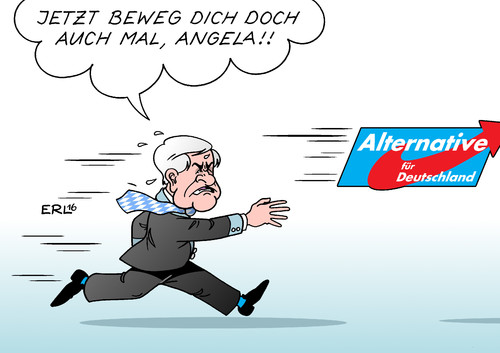 Cartoon: Seehofers Kurs (medium) by Erl tagged flüchtlinge,flüchtlingspolitik,bundeskanzlerin,angela,merkel,cdu,kritik,csu,horst,seehofer,forderung,obergrenze,abschiebung,rückführung,abschottung,kurs,richtung,rechts,afd,wahlsieg,stimmengewinne,wahlen,wähler,rechtspopulismus,rechtsextremismus,nachlaufen,karikatur,erl,flüchtlinge,flüchtlingspolitik,bundeskanzlerin,angela,merkel,cdu,kritik,csu,horst,seehofer,forderung,obergrenze,abschiebung,rückführung,abschottung,kurs,richtung,rechts,afd,wahlsieg,stimmengewinne,wahlen,wähler,rechtspopulismus,rechtsextremismus,nachlaufen,karikatur,erl