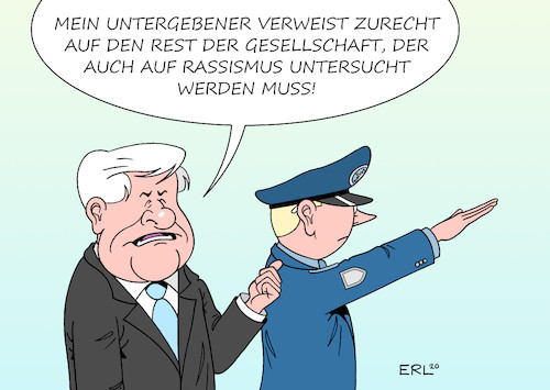 Cartoon: Seehofers Vorschlag (medium) by Erl tagged politik,polizei,nrw,chatgruppe,whatsapp,rechtsextremismus,rassismus,nationalsozialismus,netzwerk,häufung,einzelfälle,innenminister,horst,seehofer,vorschlag,untersuchung,gesellschaft,karikatur,erl,politik,polizei,nrw,chatgruppe,whatsapp,rechtsextremismus,rassismus,nationalsozialismus,netzwerk,häufung,einzelfälle,innenminister,horst,seehofer,vorschlag,untersuchung,gesellschaft,karikatur,erl