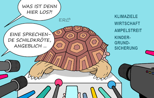 Cartoon: Sensation (medium) by Erl tagged politik,regierung,ampel,spd,grüne,fdp,streit,kindergrundsicherung,wirtschaft,klima,klimaziele,expertenrat,ungenügend,fragen,führung,bundeskanzler,olaf,scholz,führungsschwäche,verstecken,zurückhaltung,schildkröte,panzer,sprechen,karikatur,erl,politik,regierung,ampel,spd,grüne,fdp,streit,kindergrundsicherung,wirtschaft,klima,klimaziele,expertenrat,ungenügend,fragen,führung,bundeskanzler,olaf,scholz,führungsschwäche,verstecken,zurückhaltung,schildkröte,panzer,sprechen,karikatur,erl