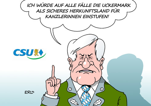 Cartoon: Sicheres Herkunftsland (medium) by Erl tagged flüchtlinge,deutschland,streit,große,koalition,reduzierung,asylpaket,zwei,ministerpräsident,horst,seehofer,csu,bayern,ausweitung,erweiterung,sicher,herkunftsland,abschiebung,uckermark,heimat,bundeskanzlerin,kanzlerin,angela,merkel,cdu,spd,karikatur,erl,flüchtlinge,deutschland,streit,große,koalition,reduzierung,asylpaket,zwei,ministerpräsident,horst,seehofer,csu,bayern,ausweitung,erweiterung,sicher,herkunftsland,abschiebung,uckermark,heimat,bundeskanzlerin,kanzlerin,angela,merkel,cdu,spd,karikatur,erl