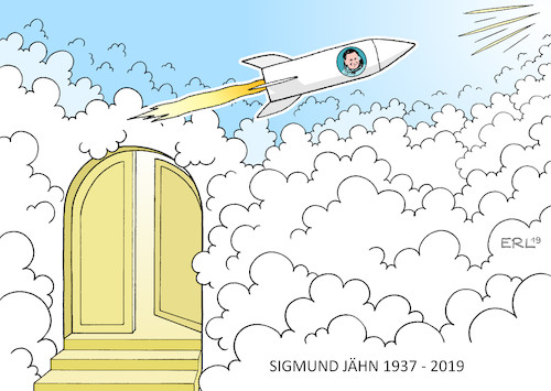 Cartoon: Sigmund Jähn (medium) by Erl tagged politik,raumfahrt,kosmonaut,astronaut,sigmund,jähn,tod,erster,deutscher,im,all,sojus,udssr,ddr,deutschland,himmel,rakete,karikatur,erl,politik,raumfahrt,kosmonaut,astronaut,sigmund,jähn,tod,erster,deutscher,im,all,sojus,udssr,ddr,deutschland,himmel,rakete,karikatur,erl