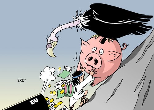 Cartoon: Sisyphos mit Anschubfinanzierung (medium) by Erl tagged griechenland,finanzkrise,schuldenkrise,schuldeb,euro,eu,rettungsschirm,hilfspaket,sparen,staatsbankrott,bankrott,pleite,sparschwein,pleitegeier,sisyphos,stein,felsen,arbeit,anschub,finanzierung,anschubfinanzierung,griechenland,schuldenkrise,euro,rettungsschirm,hilfspaket,sparen,staatsbankrott