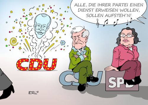 Cartoon: Sitzenbleiber (medium) by Erl tagged politik,bundeskanzlerin,angela,merkel,landtagswahl,bayern,hessen,verluste,ursache,bundespolitik,grosse,koalition,groko,konsequenz,abgabe,cdu,vorsitz,partei,vorsitzende,nachfolger,kandidaten,kramp,karrenbauer,konservativ,spahn,friedrich,merz,ex,fraktionvorsitzender,hoffnungsträger,sitzenbleiber,aussitzen,horst,seehofer,csu,andrea,nahles,spd,karikatur,erl,politik,bundeskanzlerin,angela,merkel,landtagswahl,bayern,hessen,verluste,ursache,bundespolitik,grosse,koalition,groko,konsequenz,abgabe,cdu,vorsitz,partei,vorsitzende,nachfolger,kandidaten,kramp,karrenbauer,konservativ,spahn,friedrich,merz,ex,fraktionvorsitzender,hoffnungsträger,sitzenbleiber,aussitzen,horst,seehofer,csu,andrea,nahles,spd,karikatur,erl