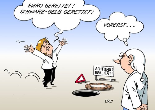 Cartoon: Skepsis (medium) by Erl tagged euro,krise,schulden,griechenland,rettungsschirm,abstimmung,bundestag,regierung,koalition,schwarz,gelb,cdu,csu,fdp,mehrheit,kanzlermehrheit,wackelig,zitterpartie,bundeskanzlerin,angela,merkel,gerettet,realität,skepsis,euro,krise,schulden,griechenland,rettungsschirm,abstimmung