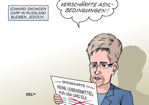 Cartoon: Snowden Asyl (medium) by Erl tagged usa,geheimdienst,whistleblower,edward,snowden,nsa,abhöraffäre,asyl,russland,ukraine,konflikt,sanktionen,eu,boykott,lebensmittel,speisekarte,usa,geheimdienst,whistleblower,edward,snowden,nsa,abhöraffäre,asyl,russland,ukraine,konflikt,sanktionen,eu,boykott,lebensmittel,speisekarte