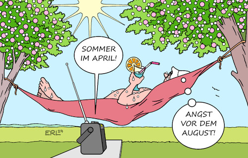 Cartoon: Sommer im April (medium) by Erl tagged politik,klima,klimawandel,erderwärmung,heißester,monat,heißestes,jahr,wetteraufzeichnungen,wetter,april,sommer,hitze,angst,hitzewelle,hochsommer,juli,august,sonne,radio,hängematte,karikatur,erl,politik,klima,klimawandel,erderwärmung,heißester,monat,heißestes,jahr,wetteraufzeichnungen,wetter,april,sommer,hitze,angst,hitzewelle,hochsommer,juli,august,sonne,radio,hängematte,karikatur,erl