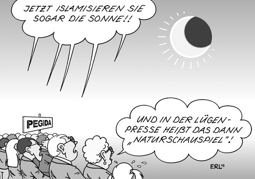 Cartoon: Sonnenfinsternis (medium) by Erl tagged sonnenfinsternis,partiell,sonne,mond,astronomie,pegida,rechtspopulismus,islamisierung,halbmond,islamophobie,medien,presse,lügenpresse,naturschauspiel