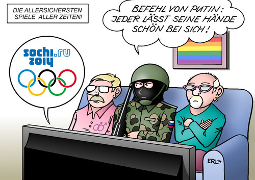 Cartoon: Sotschi 2014 (medium) by Erl tagged sotschi,sotchi,sochi,2014,olympia,olympische,spiele,winterspiele,russland,präsident,putin,menschenrechte,meinungsfreiheit,deinschränkung,diskriminierung,homosexuelle,schwule,lesben,homosexualität,terror,terrorgefahr,sicherheit,soldat,fernsehen,sotschi,sotchi,sochi,2014,olympia,olympische,spiele,winterspiele,russland,präsident,putin,menschenrechte,meinungsfreiheit,deinschränkung,diskriminierung,homosexuelle,schwule,lesben,homosexualität,terror,terrorgefahr,sicherheit,soldat,fernsehen