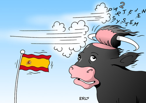 Cartoon: Spanien (medium) by Erl tagged spanien,wahl,parlament,zweiparteiensystem,ende,vier,parteien,partei,frischer,wind,demokratie,stier,karikatur,erl,spanien,wahl,parlament,zweiparteiensystem,ende,vier,parteien,partei,frischer,wind,demokratie,stier,karikatur,erl