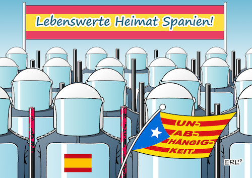 Cartoon: Spanien Katalonien (medium) by Erl tagged katalonien,unabhängigkeit,referendum,spanien,verbot,verfassung,verfassungswidrig,einsatz,polizei,gummigeschosse,schlagstock,beschlagnahmung,wahlurnen,zerstörung,software,besetzung,wahllokale,recht,geld,wirtschaft,wirtschaftskraft,konflikt,konfrontation,rechthaberei,unnachgiebigkeit,abtrennung,sezession,lebenswert,heimat,karikatur,erl,katalonien,unabhängigkeit,referendum,spanien,verbot,verfassung,verfassungswidrig,einsatz,polizei,gummigeschosse,schlagstock,beschlagnahmung,wahlurnen,zerstörung,software,besetzung,wahllokale,recht,geld,wirtschaft,wirtschaftskraft,konflikt,konfrontation,rechthaberei,unnachgiebigkeit,abtrennung,sezession,lebenswert,heimat,karikatur,erl