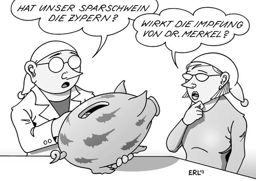 Cartoon: Spareinlagen (medium) by Erl tagged zypern,krise,schulden,banken,rettung,beteiligung,sparer,eu,angst,misstrauen,bundeskanzlerin,angela,merkel,sicherheit,krankheit,impfung,sparschwein