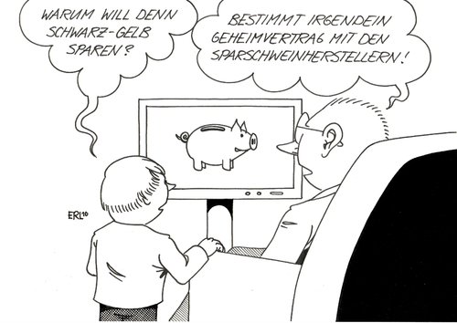 Cartoon: Sparen Schwarz-Gelb (medium) by Erl tagged sparen,sparkurs,regierung,schwarz,gelb,koalition,cdu,csu,fdp,klientelpolitik,geheimvertrag,deal,sparschweinhersteller,sparkurs,sparen,regierung,schwarz,koalition,cdu,fdp,klientelpolitik,geheimvertrag,deal,sparschweinhersteller