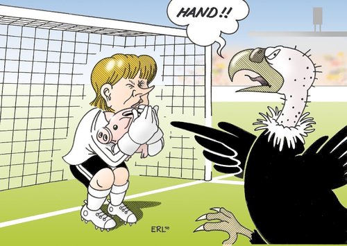 Cartoon: Sparpaket (medium) by Erl tagged sparpaket,merkel,verteidigung,pleitegeier,schulden,fußball,tor,torwart,torhüter,hand,sparpaket,angela merkel,verteidigung,pleitegeier,schulden,fußball,tor,torwart,hand,torhüter,angela,merkel