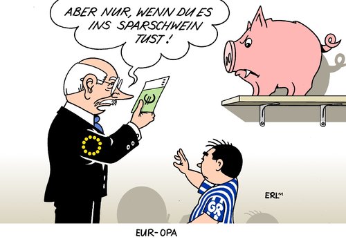 Cartoon: Sparschwein (medium) by Erl tagged krise,eu,griechenland,euro,schulden,finanzen,sparen,bedingung,kredit,hilfspaket,rettung,sparschwein,opa,geld,europa,griechenland,krise,eu,euro,schulden,sparen,finanzen,bedingung,hilfspaket,rettung,sparschwein