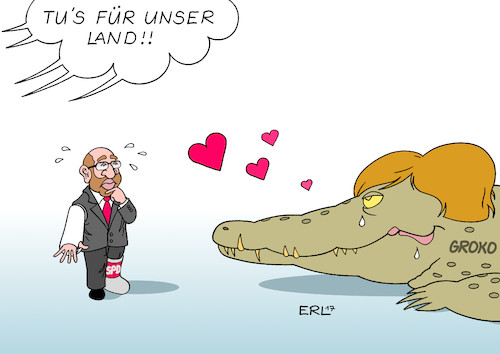 Cartoon: SPD Groko (medium) by Erl tagged bundestagswahl,wahl,bundestag,regierung,regierungsbildung,jamaika,schwarz,gelb,grün,cdu,csu,fdp,bündnis,90,die,grünen,scheitern,platzen,liberale,forderung,land,partei,spd,groko,große,koalition,zögern,martin,schulz,bundeskanzlerin,angela,merkel,krokodil,fressen,herz,werben,karikatur,erl,bundestagswahl,wahl,bundestag,regierung,regierungsbildung,jamaika,schwarz,gelb,grün,cdu,csu,fdp,bündnis,90,die,grünen,scheitern,platzen,liberale,forderung,land,partei,spd,groko,große,koalition,zögern,martin,schulz,bundeskanzlerin,angela,merkel,krokodil,fressen,herz,werben,karikatur,erl
