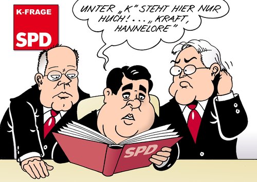 Cartoon: SPD K-Frage (medium) by Erl tagged spd,kanzlerkandidat,frage,peer,steinbrück,sigmar,gabriel,frank,walter,steinmeier,troika,führung,ministerpräsidentin,nrw,hannelore,kraft,hoffnung,hoffnungsträgerin