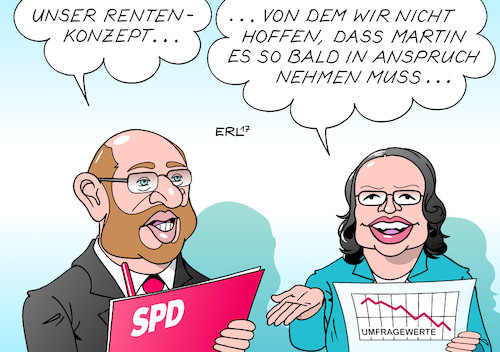 Cartoon: SPD Rente (medium) by Erl tagged spd,sozialdemokraten,kanzlerkandidat,martin,schulz,anfang,euphorie,umfragehoch,landtagswahlen,niederlage,ernüchterung,umfragetief,bundestagswahl,wahlkampf,wahlprogramm,rente,konzept,arbeitsministerin,andrea,nahles,karikatur,erl,spd,sozialdemokraten,kanzlerkandidat,martin,schulz,anfang,euphorie,umfragehoch,landtagswahlen,niederlage,ernüchterung,umfragetief,bundestagswahl,wahlkampf,wahlprogramm,rente,konzept,arbeitsministerin,andrea,nahles,karikatur,erl