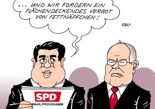 Cartoon: SPD Wahlprogramm (medium) by Erl tagged spd,bundestagswahl,2013,programm,wahlprogramm,kanzlerkandidat,peer,steinbrück,fettnäpfchen,verbot,flächendeckend,sigmar,gabriel,vorsitzender,spd,bundestagswahl,2013,programm,wahlprogramm,kanzlerkandidat,peer,steinbrück,fettnäpfchen,verbot,flächendeckend,sigmar,gabriel,vorsitzender