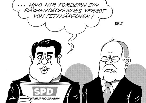 Cartoon: SPD Wahlprogramm (medium) by Erl tagged spd,bundestagswahl,2013,programm,wahlprogramm,kanzlerkandidat,peer,steinbrück,fettnäpfchen,verbot,flächendeckend,sigmar,gabriel,vorsitzender
