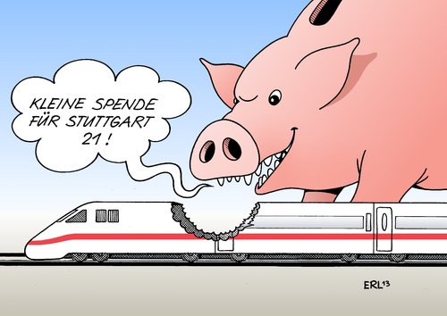 Cartoon: Spende (medium) by Erl tagged bahnhof,stuttgart21,tiefbahnhof,deutsche,bahn,kosten,kostenexplosion,milliarden,milliardenloch,verschlingen,gleise,zug,spende,sparschwein,stuttgart21