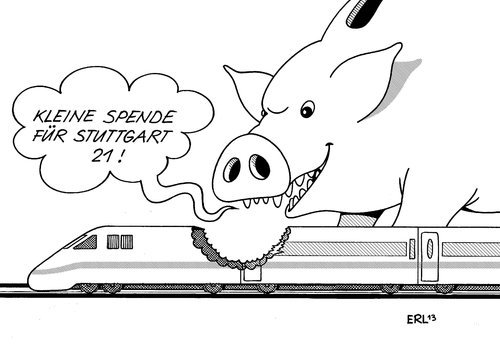 Cartoon: Spende (medium) by Erl tagged stuttgart21,bahnhof,tiefbahnhof,deutsche,bahn,kosten,kostenexplosion,milliarden,milliardenloch,verschlingen,gleise,zug,spende,sparschwein