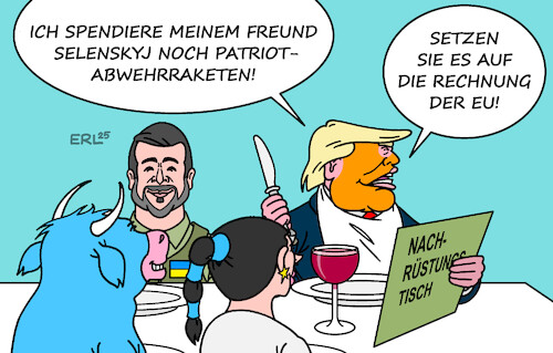 Cartoon: Spendierhosen (medium) by Erl tagged politik,krieg,überfall,russland,ukraine,usa,trump,lieferung,patriot,abwehr,raketen,rechnung,eu,europa,stier,karikatur,erl,politik,krieg,überfall,russland,ukraine,usa,trump,lieferung,patriot,abwehr,raketen,rechnung,eu,europa,stier,karikatur,erl