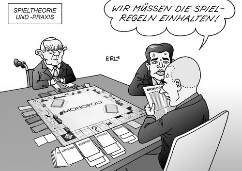 Cartoon: Spieltheorie (medium) by Erl tagged griechenland,krise,schulden,euro,kredit,hilfe,verlängerung,bedingung,reformen,sparkurs,regierung,tsipras,varoufakis,wahlversprechen,reformliste,reformlist,schäuble,eu,ezb,iwf,troika,geld,finanzen