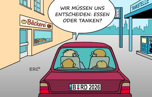 Cartoon: Spritpreise (medium) by Erl tagged politik,usa,trump,angriff,krieg,iran,anstieg,preise,gas,öl,benzin,diesel,auto,tanken,essen,tankstelle,bäckerei,karikatur,erl,politik,usa,trump,angriff,krieg,iran,anstieg,preise,gas,öl,benzin,diesel,auto,tanken,essen,tankstelle,bäckerei,karikatur,erl