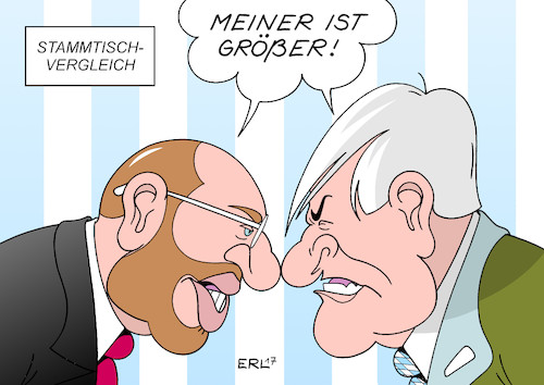 Cartoon: Stammtisch (medium) by Erl tagged politischer,aschermittwoch,kundgebung,bierzelt,bayern,spd,csu,stammtisch,größe,vergleich,rede,imponiergehabe,macht,führung,anhänger,wähler,martin,schulz,horst,seehofer,karikatur,erl,politischer,aschermittwoch,kundgebung,bierzelt,bayern,spd,csu,stammtisch,größe,rede,imponiergehabe,macht,führung,anhänger,wähler,martin,schulz,horst,seehofer,karikatur,erl