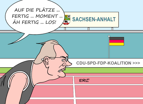 Cartoon: Start Haseloff (medium) by Erl tagged politik,sachsen,anhalt,landtagswahl,regierungsbildung,koalition,deutschlandkoalition,cdu,spd,fdp,schwarz,rot,gelb,wahl,ministerpräsident,reiner,haseloff,gegenstimmen,zweiter,wahlgang,karikatur,erl,politik,sachsen,anhalt,landtagswahl,regierungsbildung,koalition,deutschlandkoalition,cdu,spd,fdp,schwarz,rot,gelb,wahl,ministerpräsident,reiner,haseloff,gegenstimmen,zweiter,wahlgang,karikatur,erl