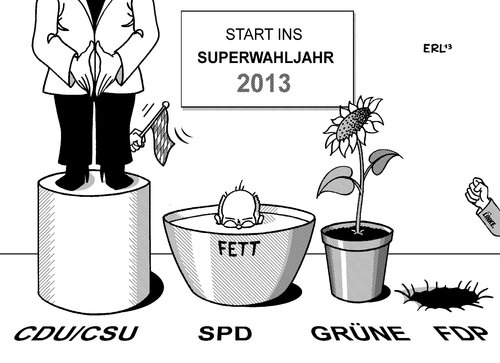 Cartoon: Start ins Superwahljahr (medium) by Erl tagged bundestagswahl,2013,superwahljahr,partei,cdu,csu,spd,fdp,grüne,linke,merkel,podium,steinbrück,fettnapf,blumentopf,sonnenblume,loch,einbruch,faust