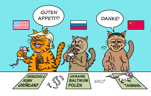 Cartoon: Startschuss (medium) by Erl tagged politik,usa,trump,angriff,überfall,venezuela,maduro,katze,maus,ermunterung,china,xi,taiwan,russland,putin,baltikum,polen,karikatur,erl,politik,usa,trump,angriff,überfall,venezuela,maduro,katze,maus,ermunterung,china,xi,taiwan,russland,putin,baltikum,polen,karikatur,erl