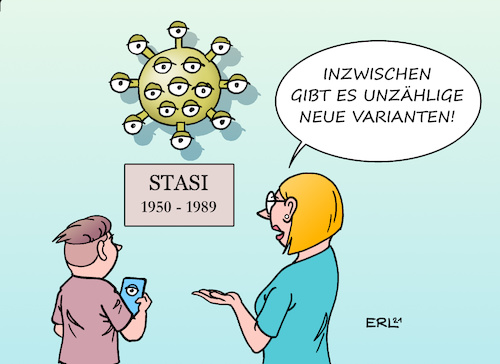 Cartoon: Stasi (medium) by Erl tagged politik,geschichte,ddr,ministerium,für,staatssicherheit,stasi,mfs,bespitzelung,bürgerinnen,bürger,akten,aufbewahrung,einsicht,behörde,auflösung,überwachung,internet,social,media,smartphone,corona,virus,pandemie,varianten,karikatur,erl,politik,geschichte,ddr,ministerium,für,staatssicherheit,stasi,mfs,bespitzelung,bürgerinnen,bürger,akten,aufbewahrung,einsicht,behörde,auflösung,überwachung,internet,social,media,smartphone,corona,virus,pandemie,varianten,karikatur,erl