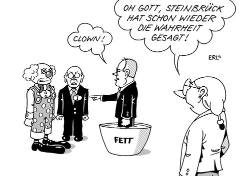 Cartoon: Steinbrück Clown (medium) by Erl tagged spd,kanzlerkandidat,peer,steinbrück,offen,wort,italien,wahl,sieger,clown,staatspräsident,napolitano,beleidigung,fettnapf