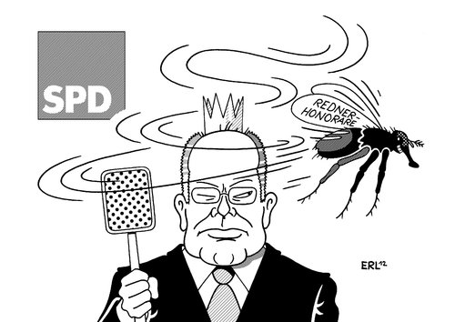 Cartoon: Steinbrück Krönung (medium) by Erl tagged spd,partei,parteitag,ernennung,kanzlerkandidat,peer,steinbrück,nebeneinkünfte,honorar,reden,vorträge,sozial,soziale,gerechtigkeit,krönung,zepter,fliegenklatsche,fliege