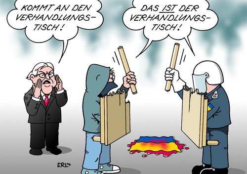 Cartoon: Steinmeier in der Ukraine (medium) by Erl tagged ukraine,bürgerkrieg,opposition,regierung,janukowitsch,blut,tote,gewalt,diplomatie,verhandlungstisch,eu,deutschland,außenminister,steinmeier,demonstrant,polizist,demonstranten,polizei,ukraine,bürgerkrieg,opposition,regierung,janukowitsch,blut,tote,gewalt,diplomatie,verhandlungstisch,eu,deutschland,außenminister,steinmeier,demonstrant,polizist,demonstranten,polizei