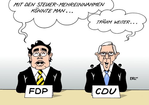 Cartoon: Steuermehreinnahmen (medium) by Erl tagged steuer,einnahmen,mehr,steuermehreinnahmen,fdp,wirtschaftsminister,philipp,rösler,plan,wunsch,traum,steuersenkung,finanzminister,wolfgang,schäuble,cdu,bremse,steuer,einnahmen,steuermehreinnahmen,wirtschaftsminister,fdp,rösler,plan,wunsch,traum